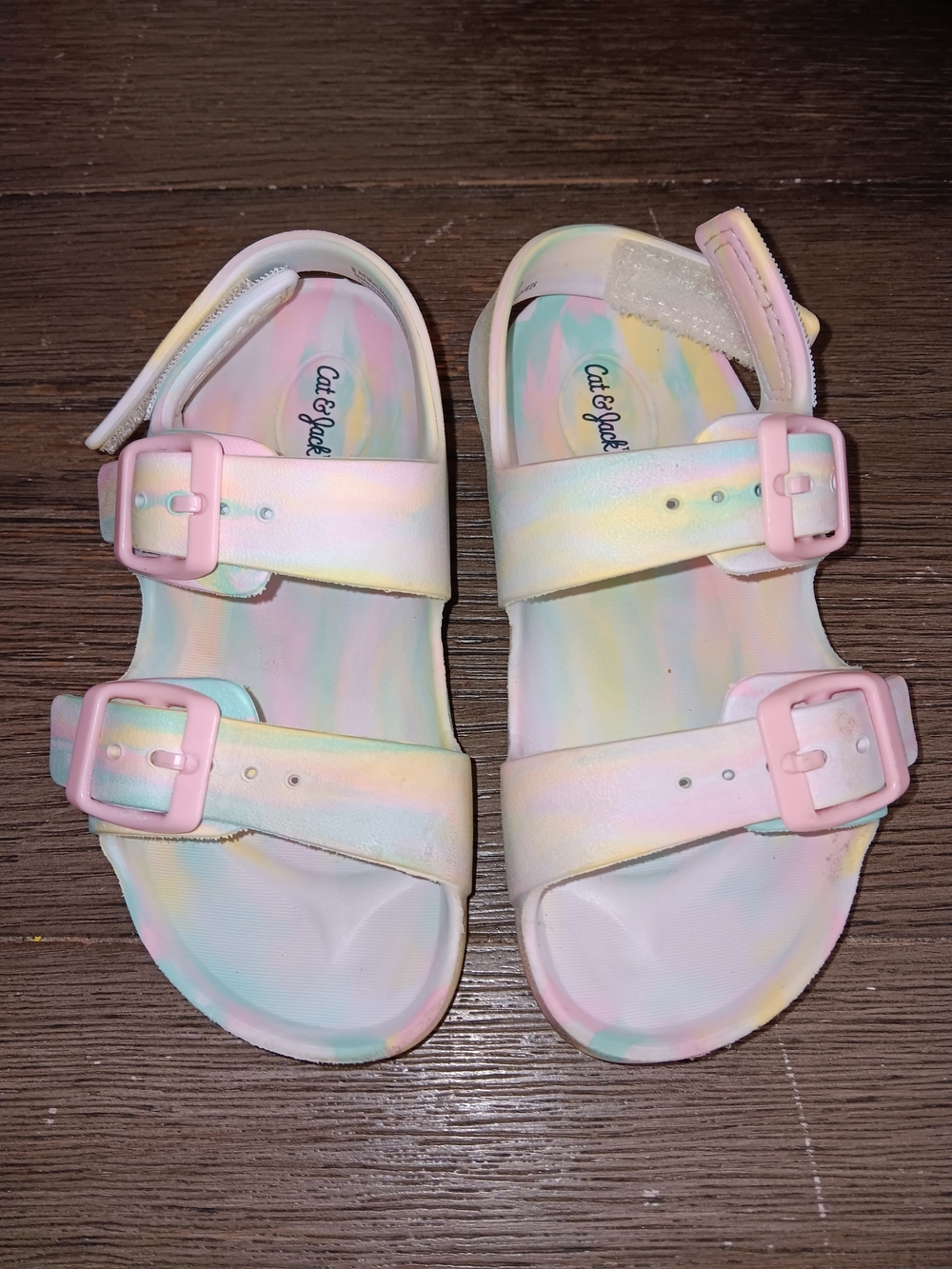 Cat & Jack Girls Size 9.5 Pastel Tie-Dye Buckle Sandals - Pink, Yellow, Blue